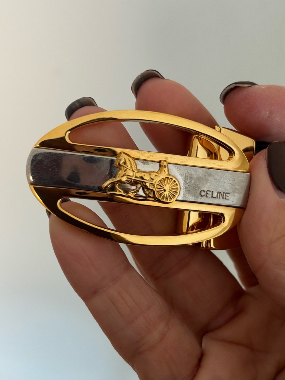 Vintage Celine Horse Carriage Reversible Leather Belt Black & Burgundy Gold - Picture 13 of 14